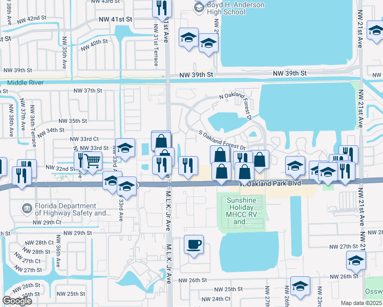 map of restaurants, bars, coffee shops, grocery stores, and more near 3056 South Oakland Forest Drive in Oakland Park