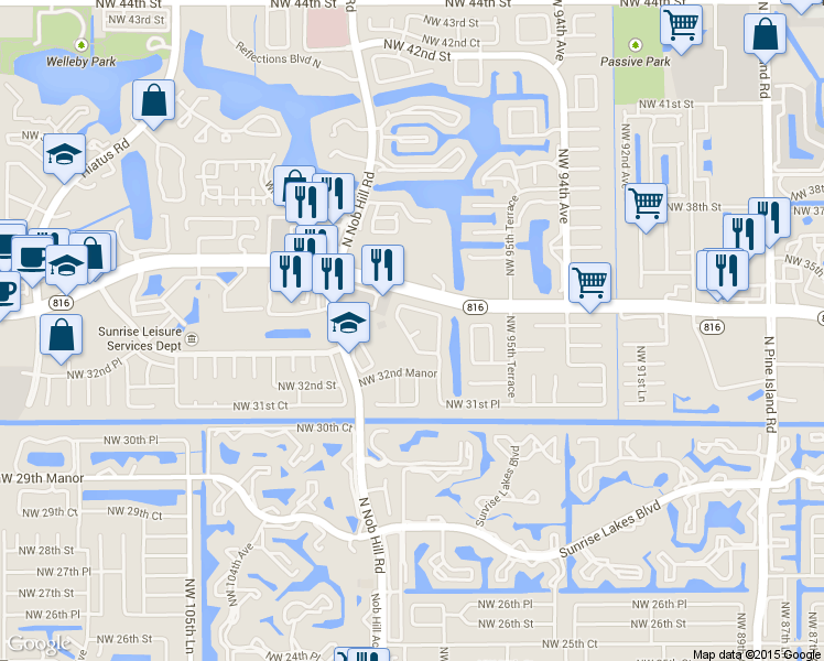 map of restaurants, bars, coffee shops, grocery stores, and more near 3360 Northwest 97th Terrace in Sunrise