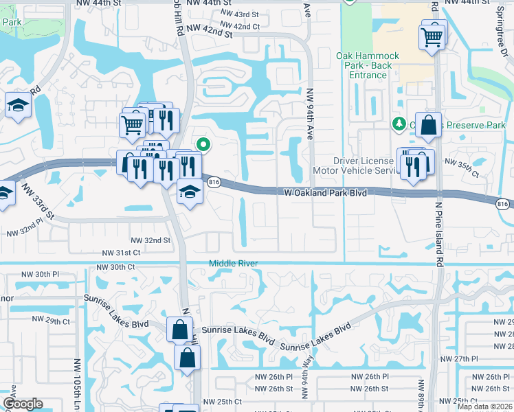 map of restaurants, bars, coffee shops, grocery stores, and more near 3310 Northwest 96th Way in Sunrise