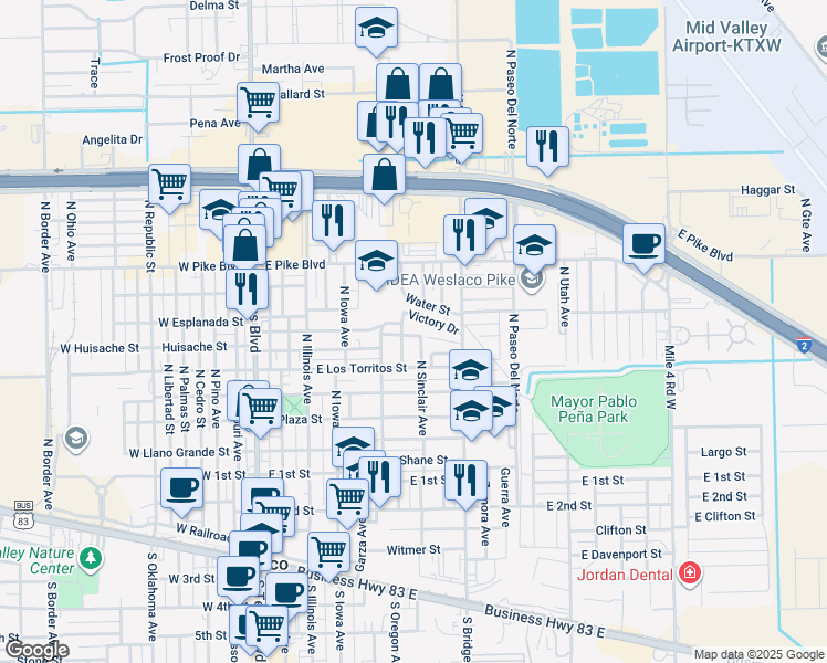 map of restaurants, bars, coffee shops, grocery stores, and more near 659 Drain Street in Weslaco