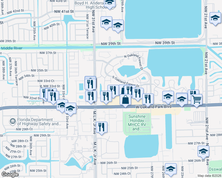 map of restaurants, bars, coffee shops, grocery stores, and more near 3127 Oakland Shores Drive in Oakland Park