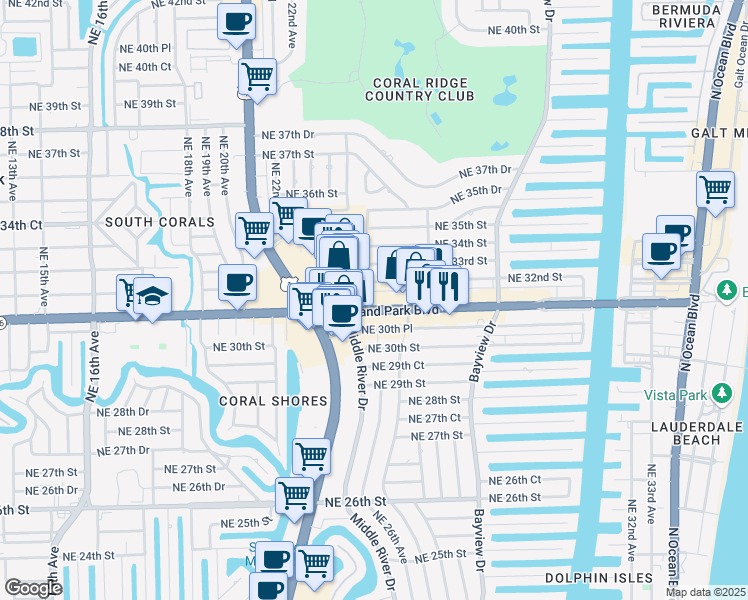 map of restaurants, bars, coffee shops, grocery stores, and more near 2611 East Oakland Park Boulevard in Fort Lauderdale