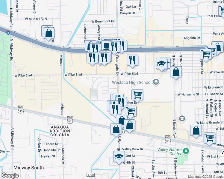 map of restaurants, bars, coffee shops, grocery stores, and more near 715 North Westgate Drive in Weslaco
