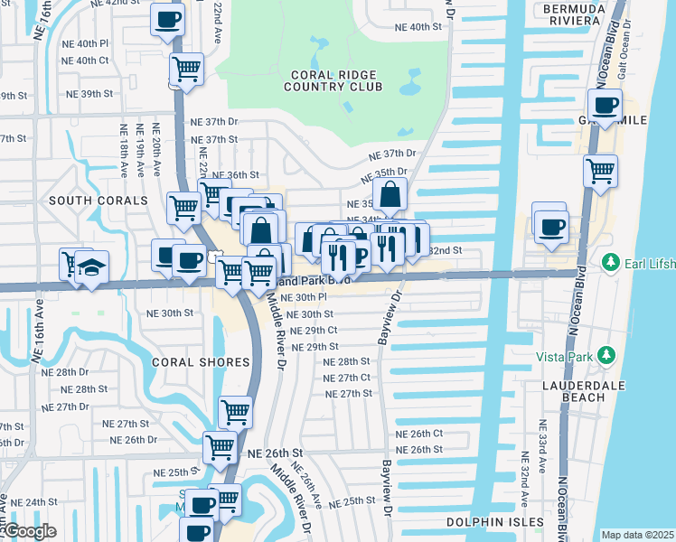 map of restaurants, bars, coffee shops, grocery stores, and more near 2691 East Oakland Park Boulevard in Fort Lauderdale