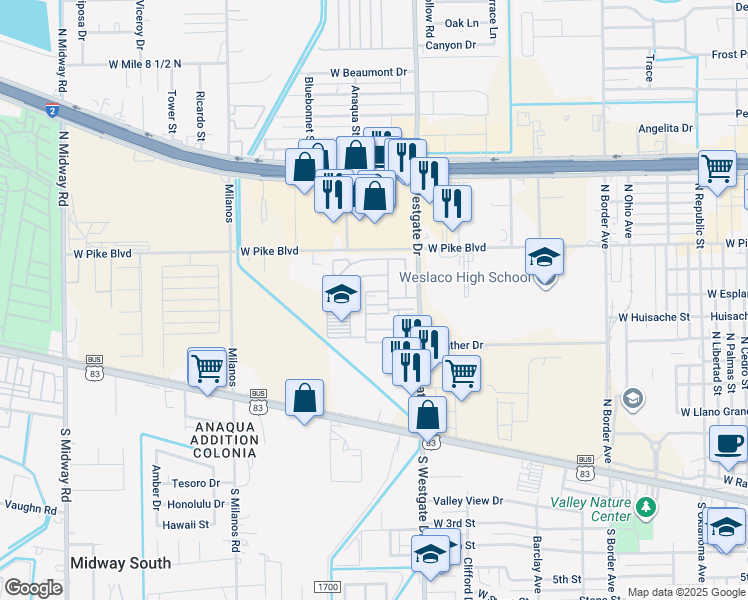 map of restaurants, bars, coffee shops, grocery stores, and more near 715 North Westgate Drive in Weslaco