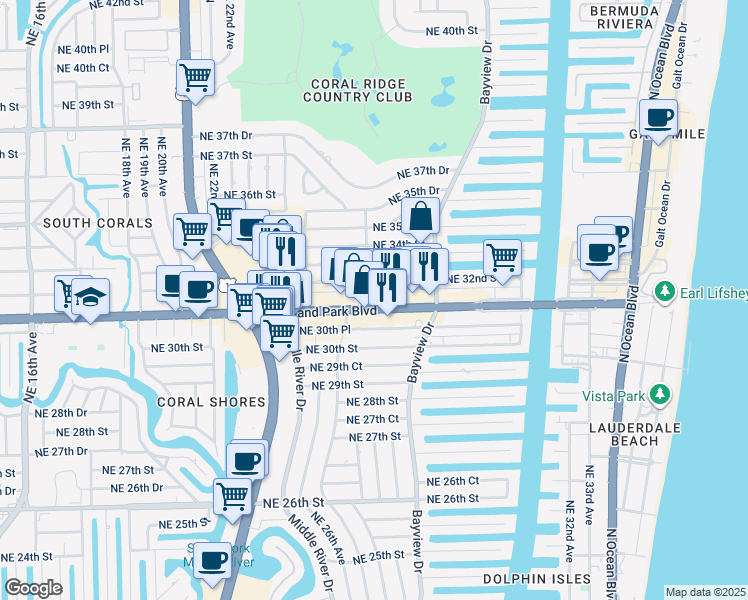 map of restaurants, bars, coffee shops, grocery stores, and more near 2691 East Oakland Park Boulevard in Fort Lauderdale