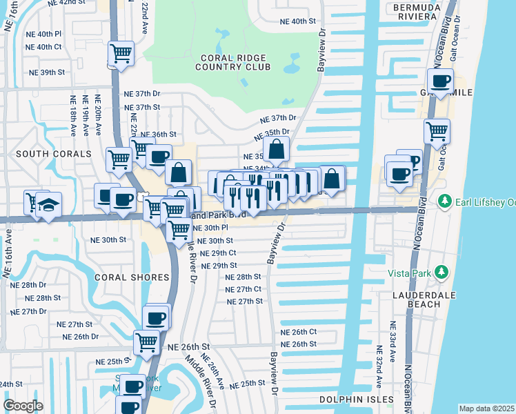 map of restaurants, bars, coffee shops, grocery stores, and more near 2739 East Oakland Park Boulevard in Fort Lauderdale