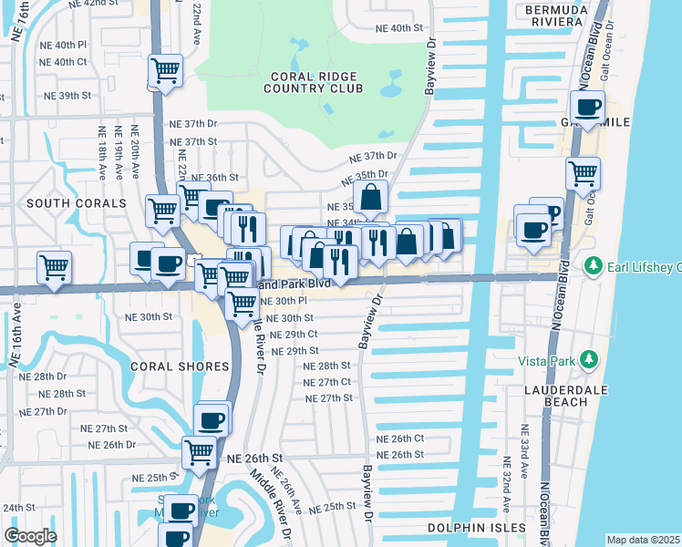 map of restaurants, bars, coffee shops, grocery stores, and more near 2739 East Oakland Park Boulevard in Fort Lauderdale