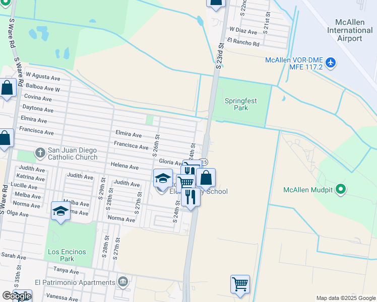 map of restaurants, bars, coffee shops, grocery stores, and more near 2402 Francisca Avenue in McAllen