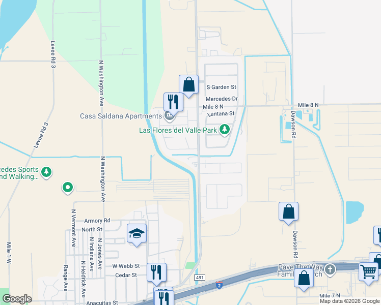 map of restaurants, bars, coffee shops, grocery stores, and more near 114 James Dr in Mercedes