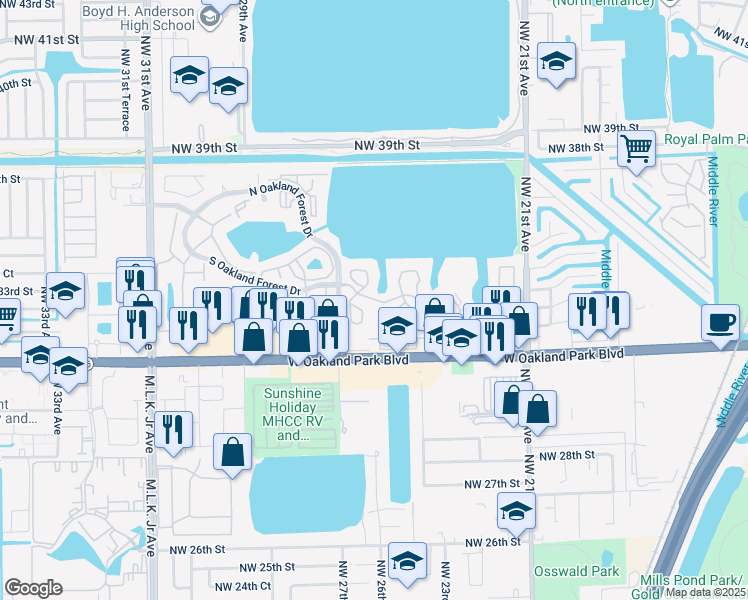 map of restaurants, bars, coffee shops, grocery stores, and more near 2622 Northwest 33rd Street in Oakland Park