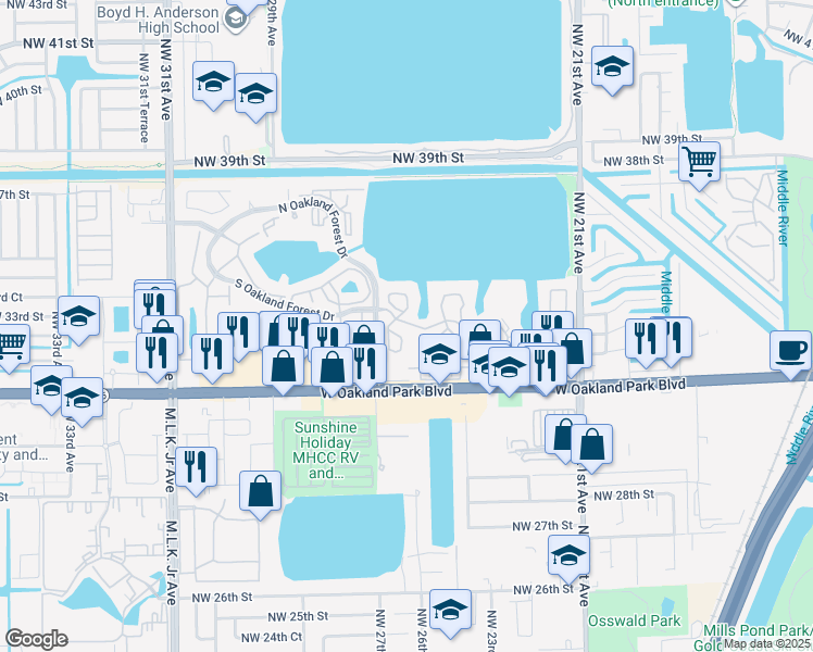 map of restaurants, bars, coffee shops, grocery stores, and more near 2622 Northwest 33rd Street in Oakland Park