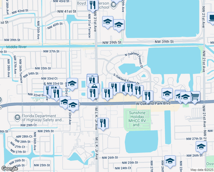 map of restaurants, bars, coffee shops, grocery stores, and more near 3056 South Oakland Forest Drive in Oakland Park