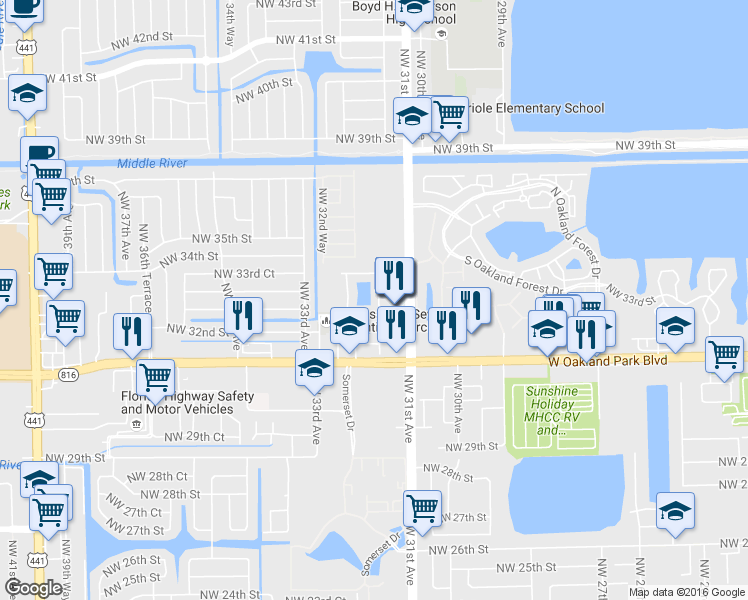 map of restaurants, bars, coffee shops, grocery stores, and more near 3239 Northwest 31st Terrace in Lauderdale Lakes