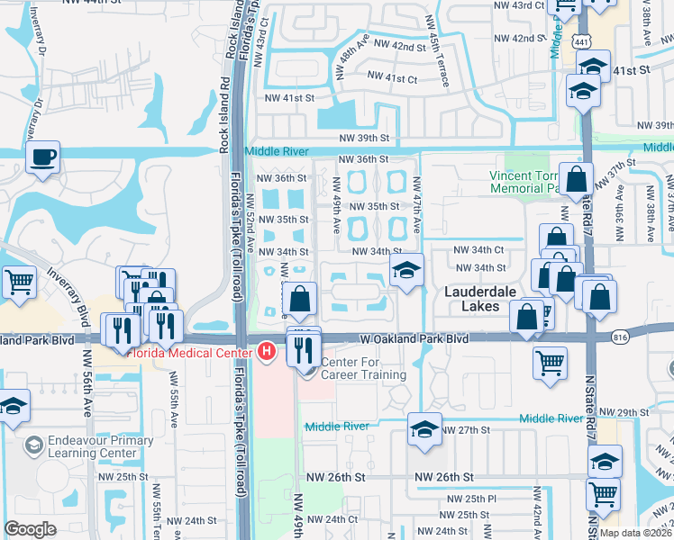 map of restaurants, bars, coffee shops, grocery stores, and more near 3361 Northwest 47th Terrace in Lauderdale Lakes