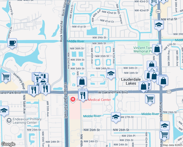 map of restaurants, bars, coffee shops, grocery stores, and more near 3361 Northwest 47th Terrace in Lauderdale Lakes