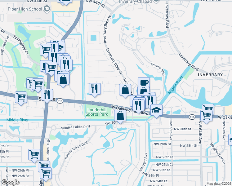 map of restaurants, bars, coffee shops, grocery stores, and more near 7460 Northwest 33rd Street in Lauderhill