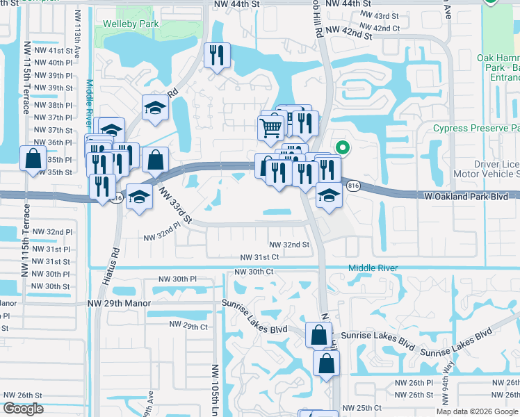 map of restaurants, bars, coffee shops, grocery stores, and more near 3318 Northwest 103rd Avenue in Sunrise
