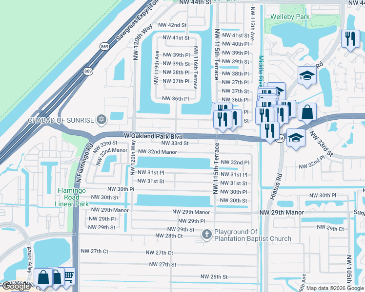 map of restaurants, bars, coffee shops, grocery stores, and more near 11761 Northwest 32nd Manor in Sunrise