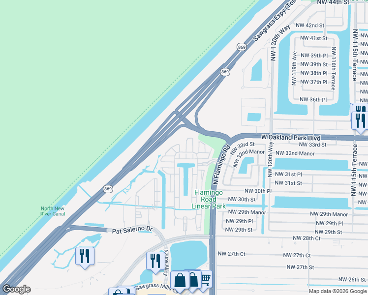 map of restaurants, bars, coffee shops, grocery stores, and more near 3300 Northwest 126th Avenue in Sunrise