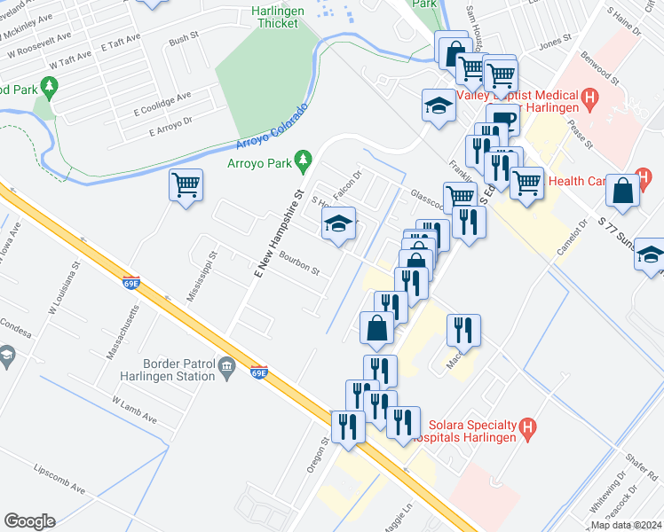 map of restaurants, bars, coffee shops, grocery stores, and more near 3917 Bourbon Street in Harlingen