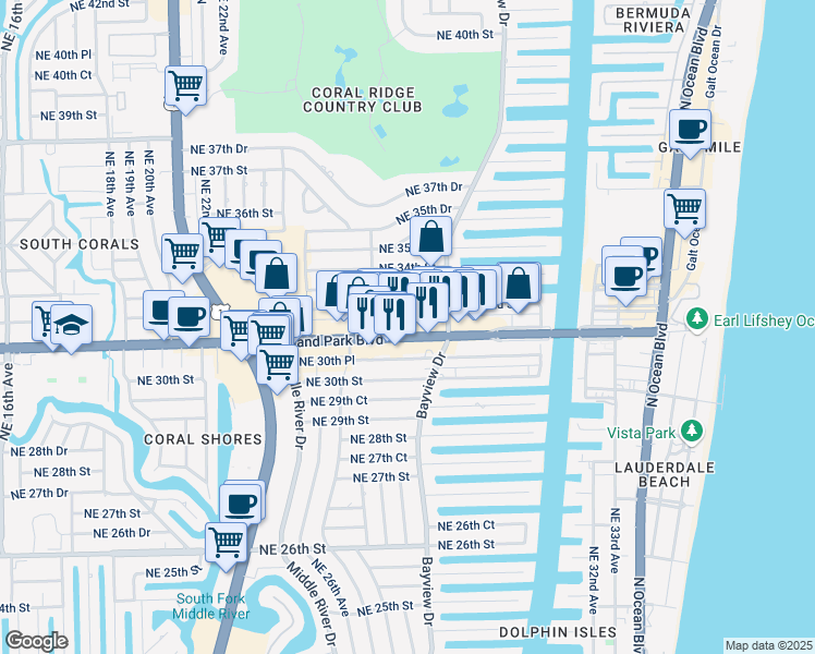 map of restaurants, bars, coffee shops, grocery stores, and more near 2739 East Oakland Park Boulevard in Fort Lauderdale