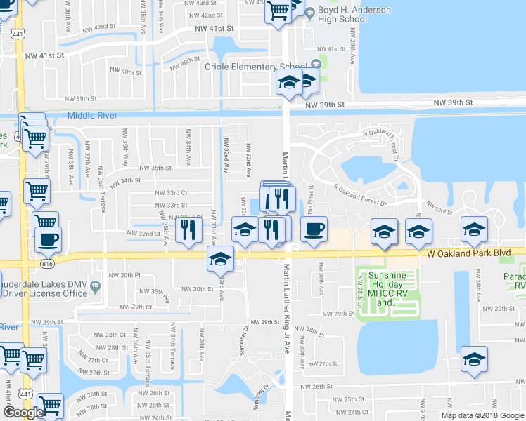map of restaurants, bars, coffee shops, grocery stores, and more near 3245 Northwest 31st Terrace in Lauderdale Lakes