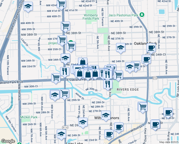 map of restaurants, bars, coffee shops, grocery stores, and more near 335 Northeast 32nd Street in Oakland Park