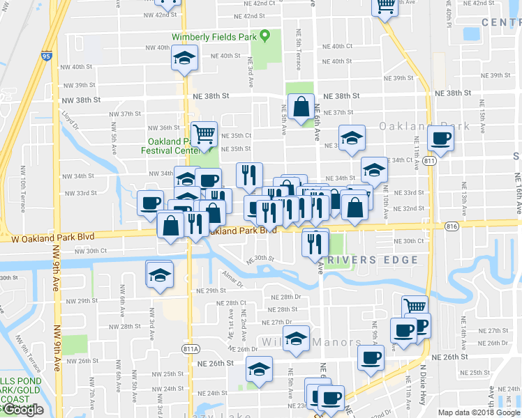 map of restaurants, bars, coffee shops, grocery stores, and more near 335 Northeast 32nd Street in Oakland Park