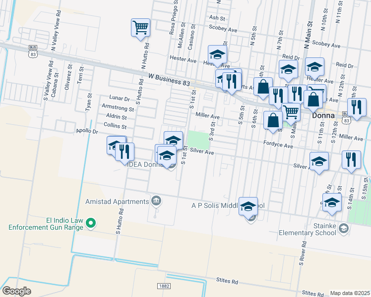map of restaurants, bars, coffee shops, grocery stores, and more near 2006 Silver Avenue in Donna