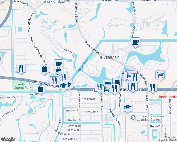map of restaurants, bars, coffee shops, grocery stores, and more near 6578 Racquet Club Drive in Lauderhill