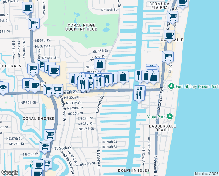 map of restaurants, bars, coffee shops, grocery stores, and more near 2817 East Oak Park Access Road in Fort Lauderdale