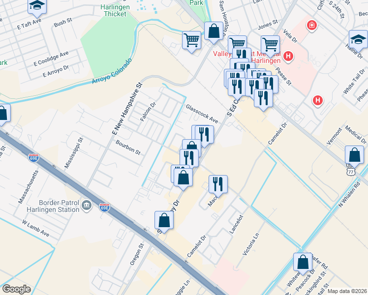 map of restaurants, bars, coffee shops, grocery stores, and more near 821 North Ed Carey Drive in Harlingen