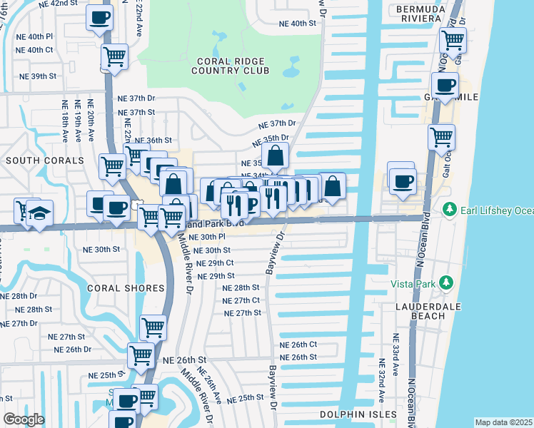 map of restaurants, bars, coffee shops, grocery stores, and more near 2739 East Oakland Park Boulevard in Fort Lauderdale