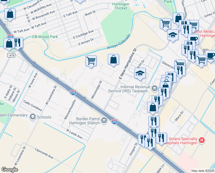 map of restaurants, bars, coffee shops, grocery stores, and more near 505 Alonzo Circle in Harlingen