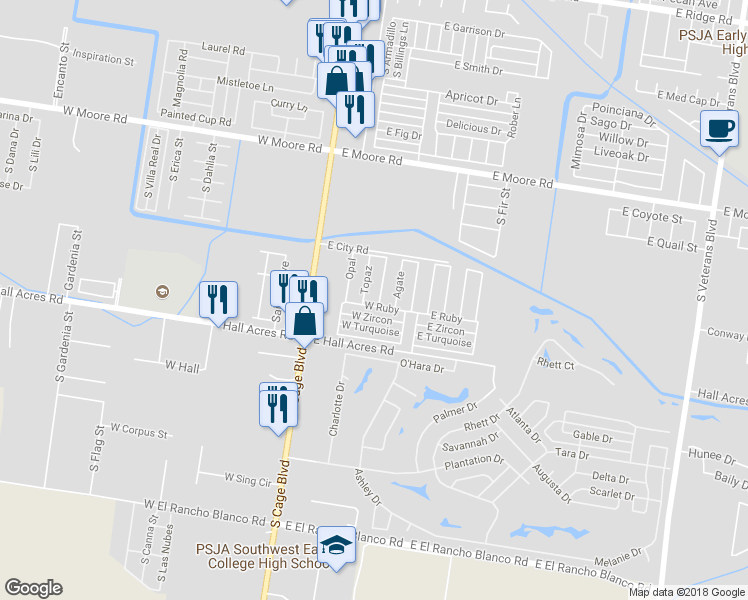 map of restaurants, bars, coffee shops, grocery stores, and more near 301 East Hall Acres Road in Pharr