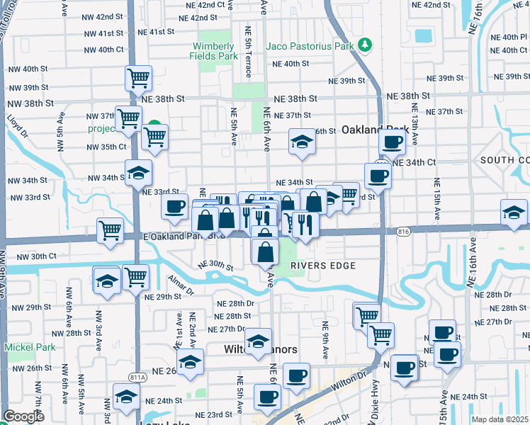 map of restaurants, bars, coffee shops, grocery stores, and more near 581 Northeast 32nd Street in Oakland Park