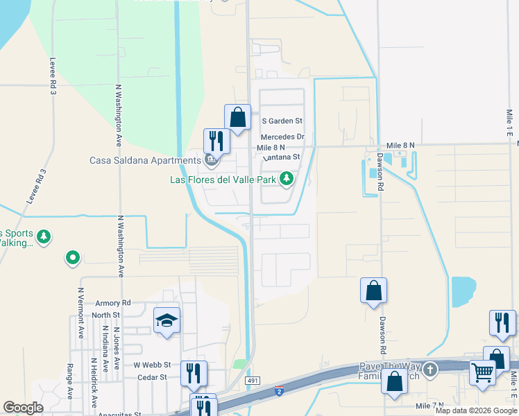 map of restaurants, bars, coffee shops, grocery stores, and more near 1201 Lantana Street in Mercedes
