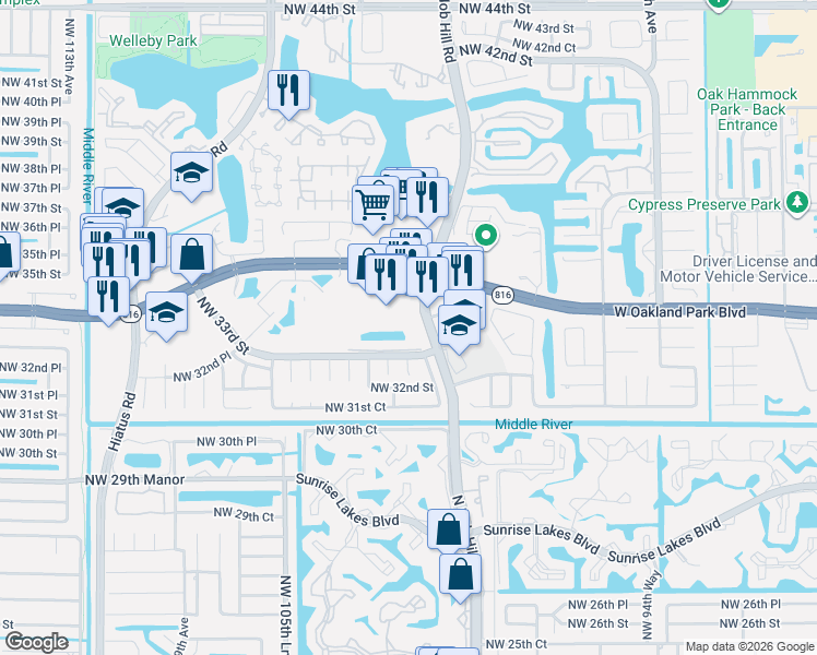map of restaurants, bars, coffee shops, grocery stores, and more near 10129 Northwest 33rd Street in Sunrise