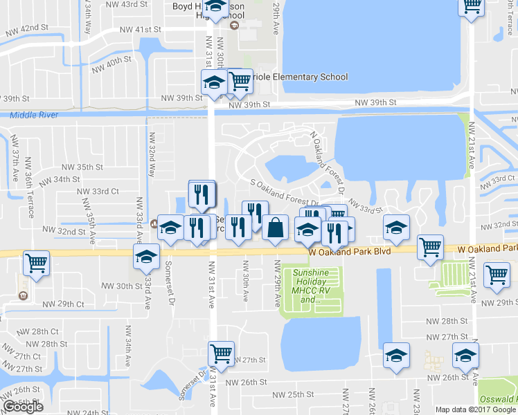 map of restaurants, bars, coffee shops, grocery stores, and more near 3127 Oakland Shores Drive in Oakland Park