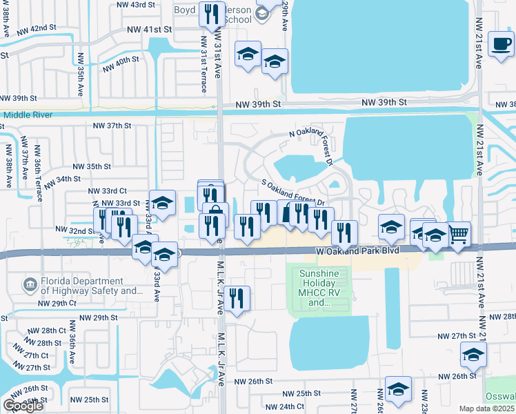 map of restaurants, bars, coffee shops, grocery stores, and more near 3056 South Oakland Forest Drive in Oakland Park