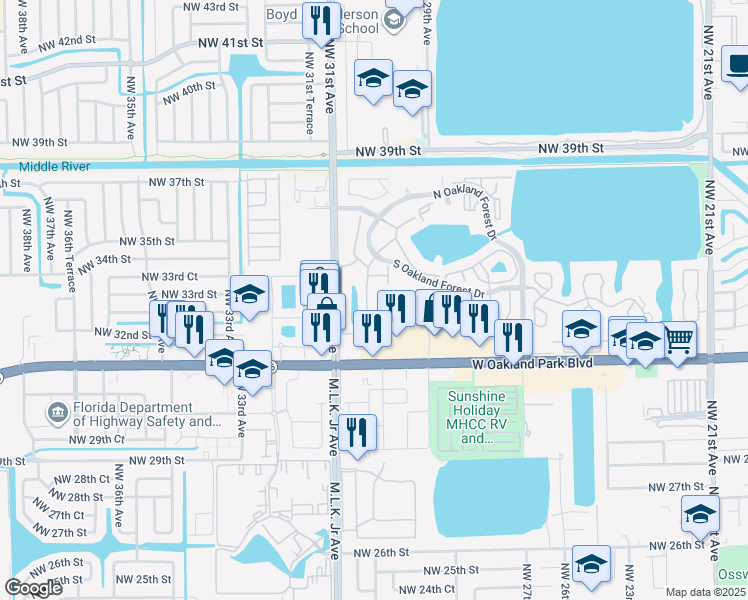 map of restaurants, bars, coffee shops, grocery stores, and more near 3056 South Oakland Forest Drive in Oakland Park