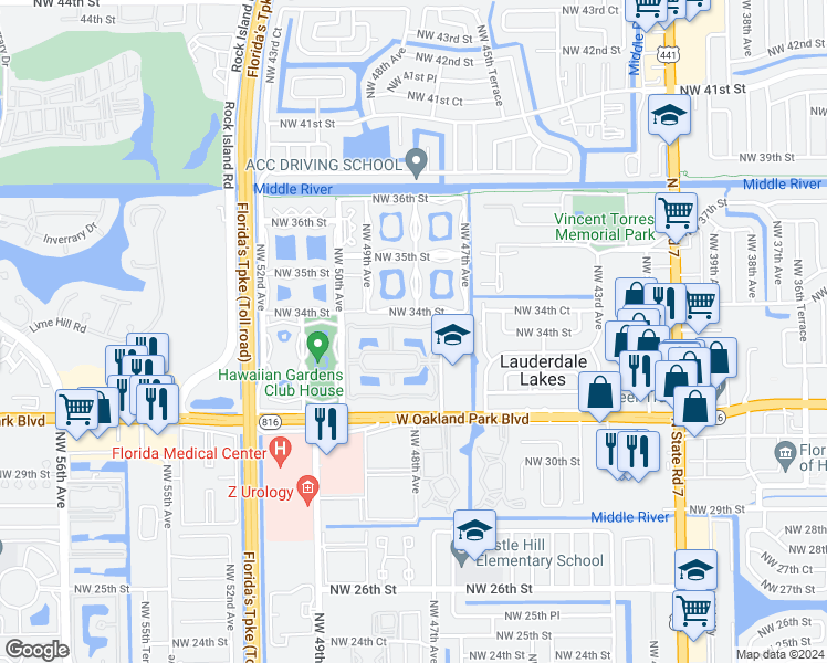 map of restaurants, bars, coffee shops, grocery stores, and more near 3341 Northwest 47th Terrace in Lauderdale Lakes