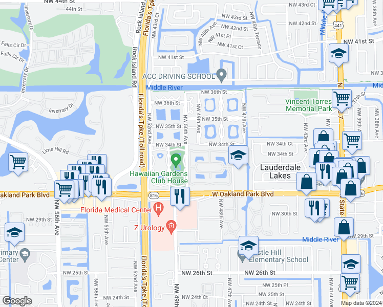 map of restaurants, bars, coffee shops, grocery stores, and more near 3361 Northwest 47th Terrace in Lauderdale Lakes