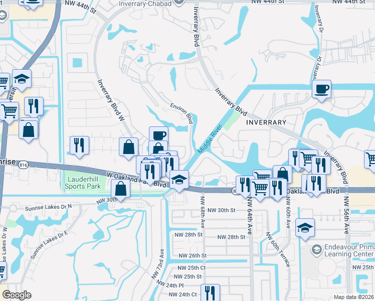 map of restaurants, bars, coffee shops, grocery stores, and more near 3037 La Mirage Drive in Lauderhill