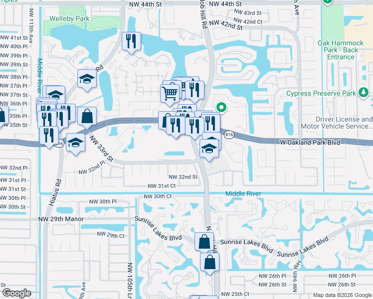 map of restaurants, bars, coffee shops, grocery stores, and more near 10129 Northwest 33rd Street in Sunrise