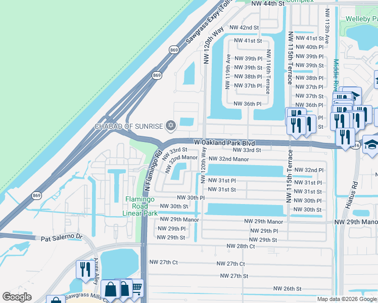 map of restaurants, bars, coffee shops, grocery stores, and more near 12111 Northwest 32nd Manor in Sunrise