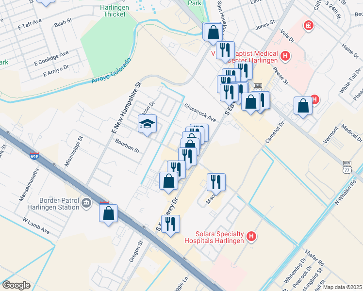 map of restaurants, bars, coffee shops, grocery stores, and more near 4301 Hale Avenue in Harlingen