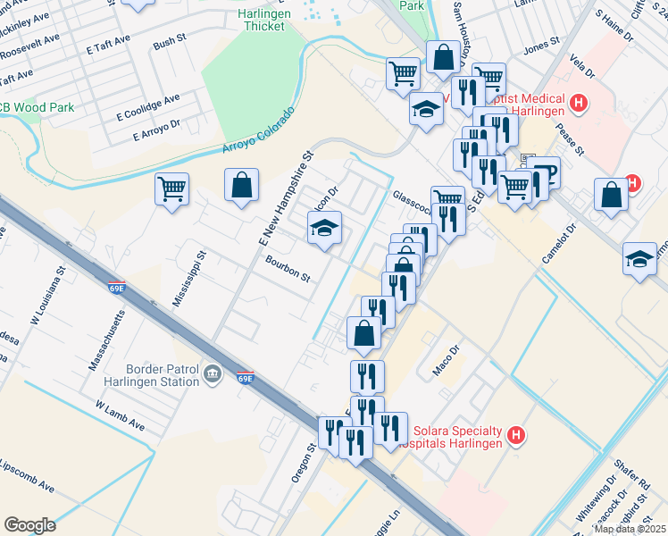 map of restaurants, bars, coffee shops, grocery stores, and more near 3936 Bourbon Street in Harlingen