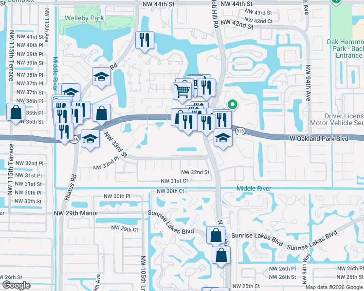 map of restaurants, bars, coffee shops, grocery stores, and more near 3318 Northwest 103rd Avenue in Sunrise